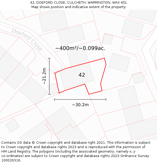 42, DOEFORD CLOSE, CULCHETH, WARRINGTON, WA3 4DL: Plot and title map