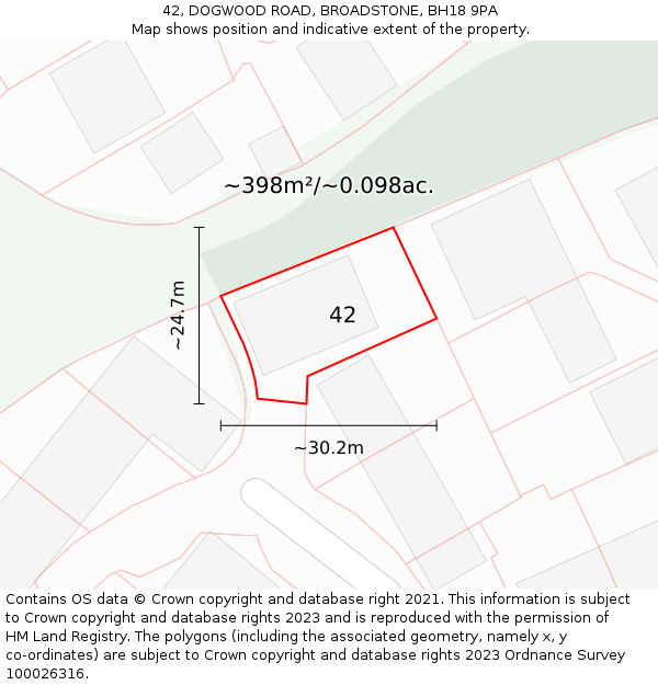 42, DOGWOOD ROAD, BROADSTONE, BH18 9PA: Plot and title map