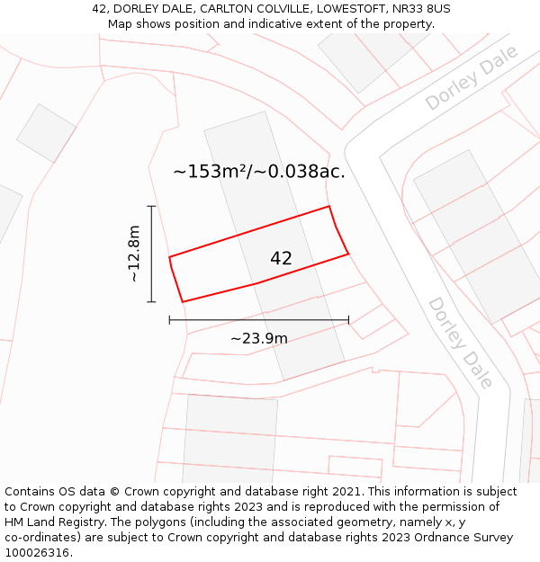 42, DORLEY DALE, CARLTON COLVILLE, LOWESTOFT, NR33 8US: Plot and title map