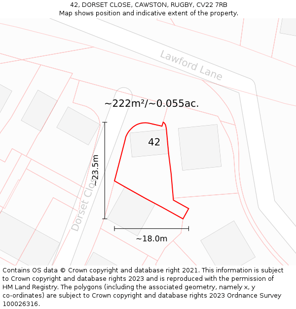 42, DORSET CLOSE, CAWSTON, RUGBY, CV22 7RB: Plot and title map
