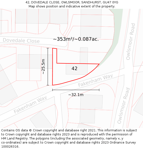 42, DOVEDALE CLOSE, OWLSMOOR, SANDHURST, GU47 0YG: Plot and title map