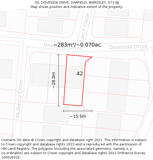 42, DOVESIDE DRIVE, DARFIELD, BARNSLEY, S73 9JJ: Plot and title map