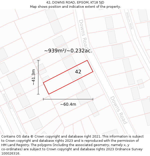 42, DOWNS ROAD, EPSOM, KT18 5JD: Plot and title map