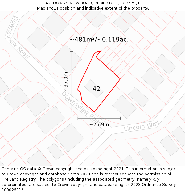 42, DOWNS VIEW ROAD, BEMBRIDGE, PO35 5QT: Plot and title map