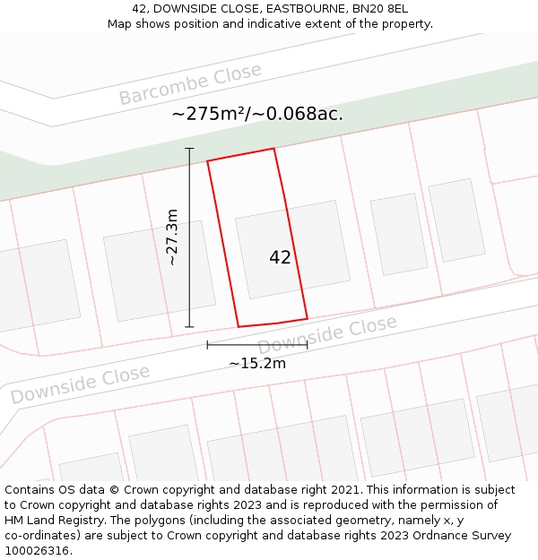 42, DOWNSIDE CLOSE, EASTBOURNE, BN20 8EL: Plot and title map