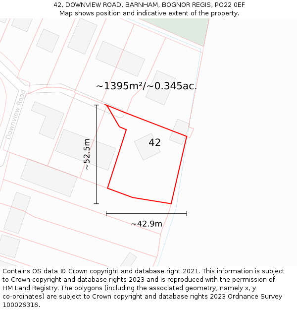42, DOWNVIEW ROAD, BARNHAM, BOGNOR REGIS, PO22 0EF: Plot and title map
