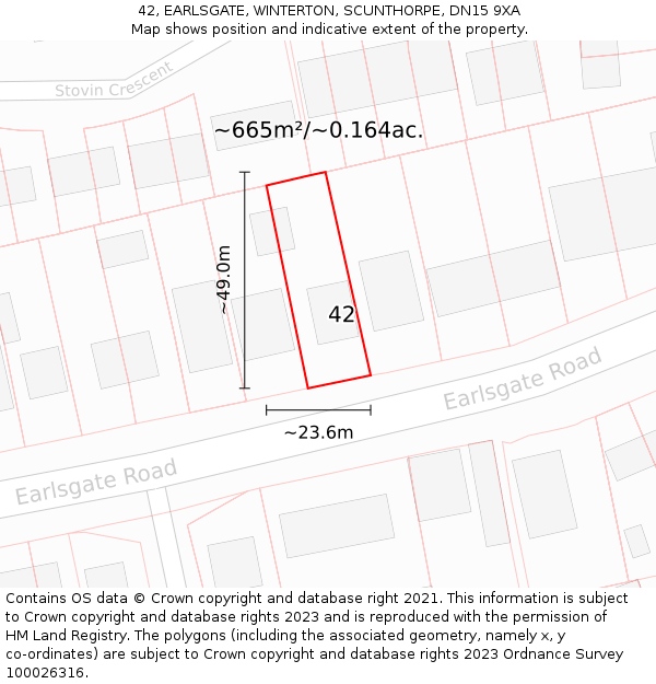 42, EARLSGATE, WINTERTON, SCUNTHORPE, DN15 9XA: Plot and title map