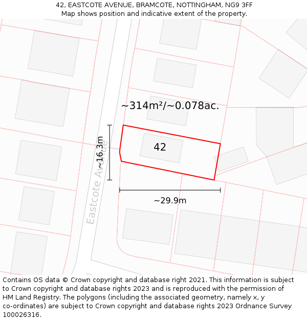 42, EASTCOTE AVENUE, BRAMCOTE, NOTTINGHAM, NG9 3FF: Plot and title map