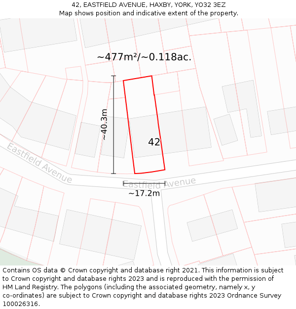 42, EASTFIELD AVENUE, HAXBY, YORK, YO32 3EZ: Plot and title map