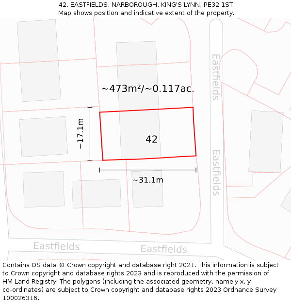 42, EASTFIELDS, NARBOROUGH, KING'S LYNN, PE32 1ST: Plot and title map