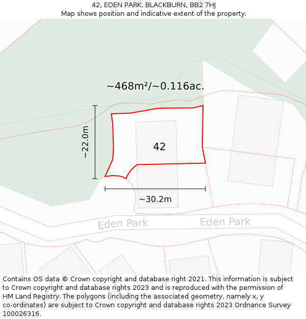 42, EDEN PARK, BLACKBURN, BB2 7HJ: Plot and title map