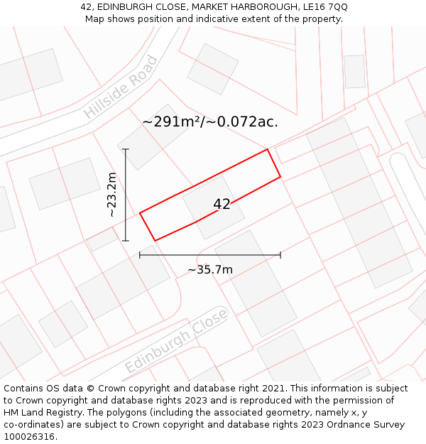 42, EDINBURGH CLOSE, MARKET HARBOROUGH, LE16 7QQ: Plot and title map