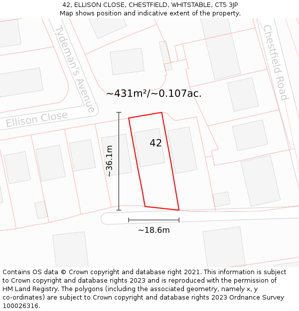 42, ELLISON CLOSE, CHESTFIELD, WHITSTABLE, CT5 3JP: Plot and title map