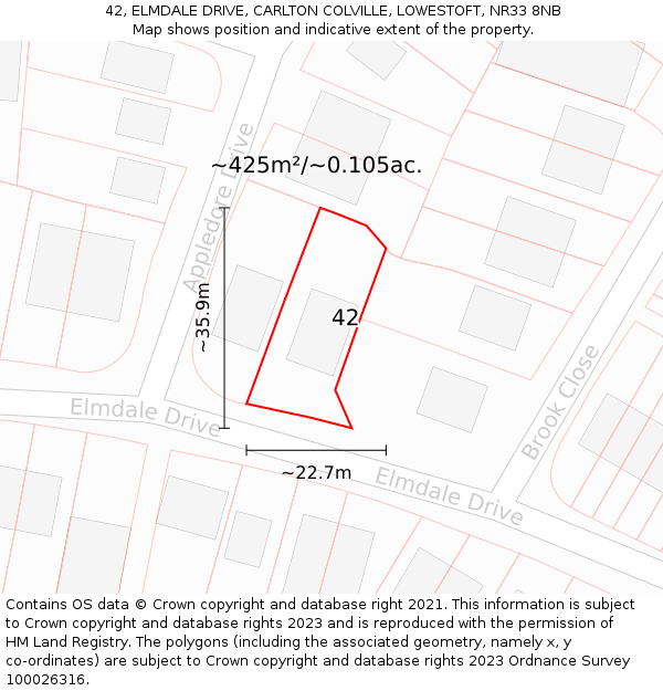 42, ELMDALE DRIVE, CARLTON COLVILLE, LOWESTOFT, NR33 8NB: Plot and title map