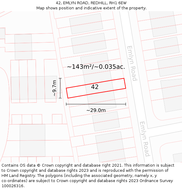 42, EMLYN ROAD, REDHILL, RH1 6EW: Plot and title map