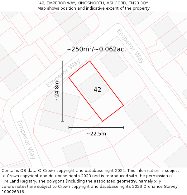 42, EMPEROR WAY, KINGSNORTH, ASHFORD, TN23 3QY: Plot and title map