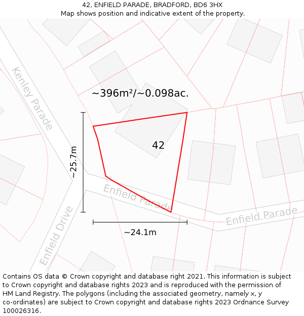 42, ENFIELD PARADE, BRADFORD, BD6 3HX: Plot and title map