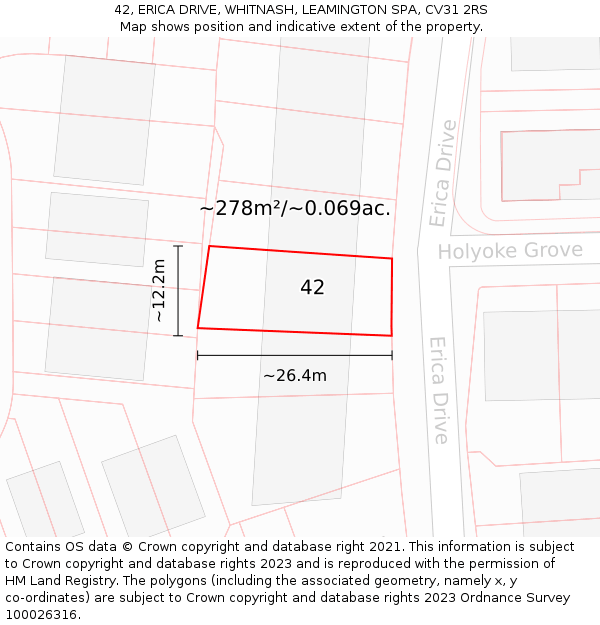 42, ERICA DRIVE, WHITNASH, LEAMINGTON SPA, CV31 2RS: Plot and title map