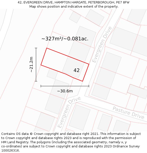 42, EVERGREEN DRIVE, HAMPTON HARGATE, PETERBOROUGH, PE7 8FW: Plot and title map
