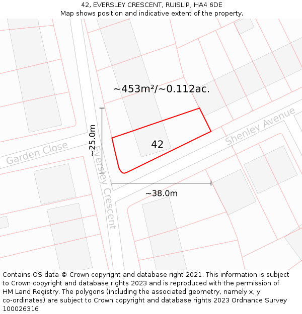 42, EVERSLEY CRESCENT, RUISLIP, HA4 6DE: Plot and title map