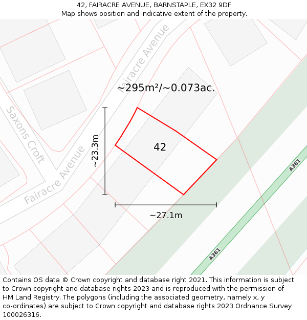 42, FAIRACRE AVENUE, BARNSTAPLE, EX32 9DF: Plot and title map