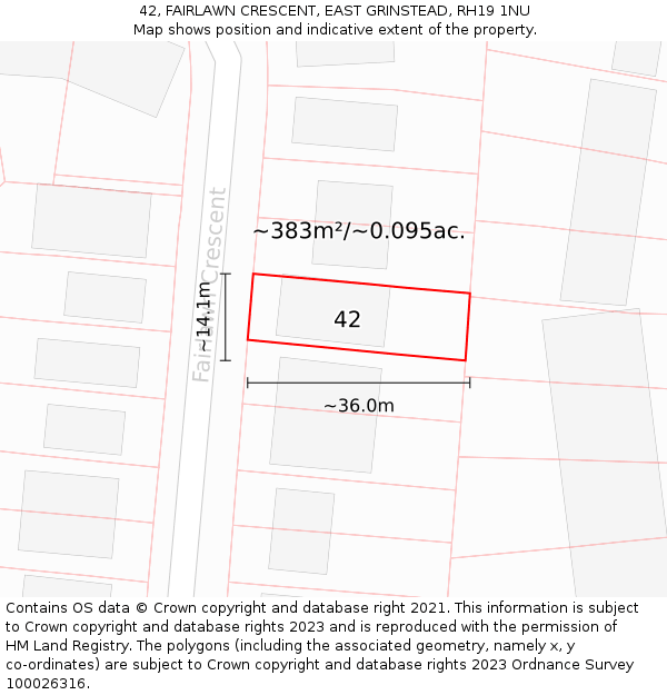 42, FAIRLAWN CRESCENT, EAST GRINSTEAD, RH19 1NU: Plot and title map