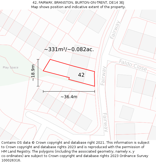 42, FAIRWAY, BRANSTON, BURTON-ON-TRENT, DE14 3EJ: Plot and title map