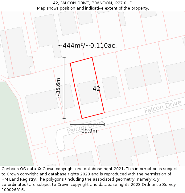 42, FALCON DRIVE, BRANDON, IP27 0UD: Plot and title map