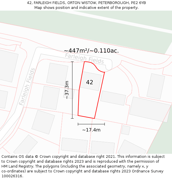 42, FARLEIGH FIELDS, ORTON WISTOW, PETERBOROUGH, PE2 6YB: Plot and title map