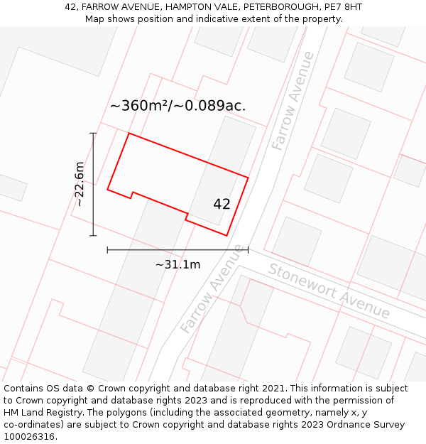 42, FARROW AVENUE, HAMPTON VALE, PETERBOROUGH, PE7 8HT: Plot and title map