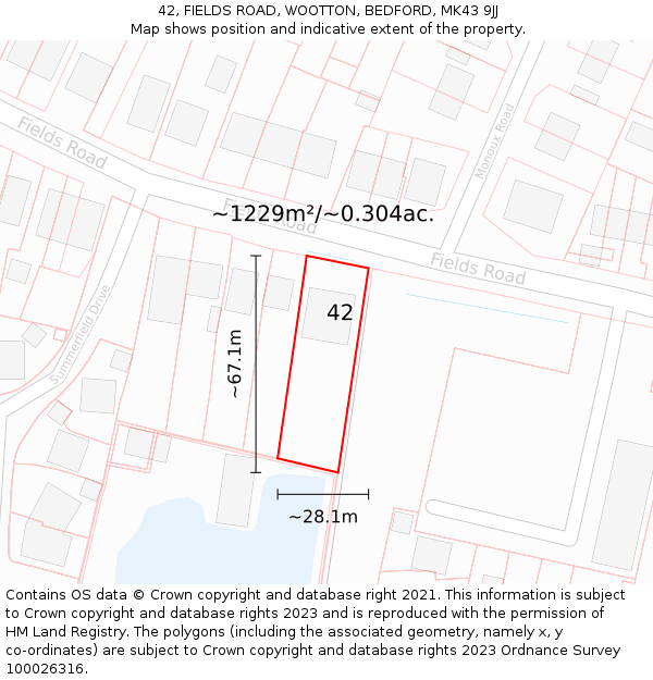42, FIELDS ROAD, WOOTTON, BEDFORD, MK43 9JJ: Plot and title map