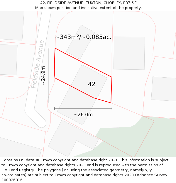 42, FIELDSIDE AVENUE, EUXTON, CHORLEY, PR7 6JF: Plot and title map
