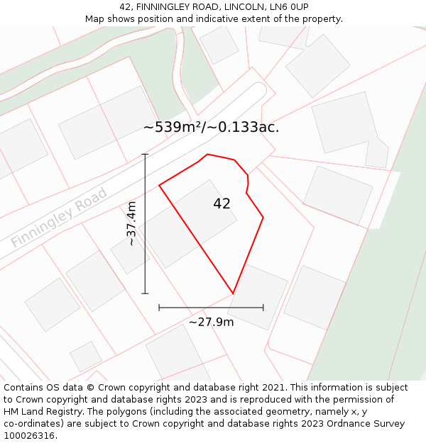 42, FINNINGLEY ROAD, LINCOLN, LN6 0UP: Plot and title map