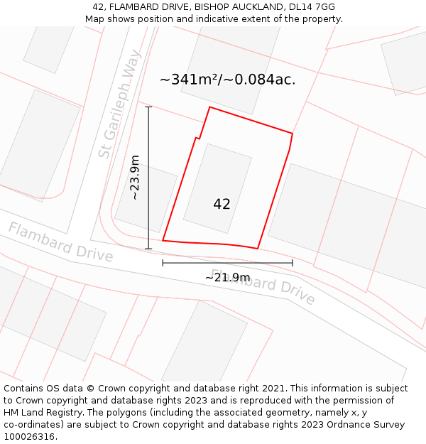 42, FLAMBARD DRIVE, BISHOP AUCKLAND, DL14 7GG: Plot and title map