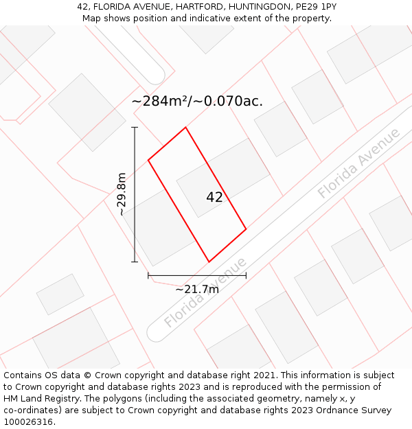 42, FLORIDA AVENUE, HARTFORD, HUNTINGDON, PE29 1PY: Plot and title map