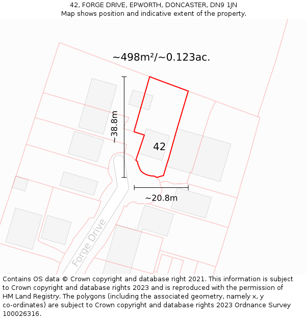 42, FORGE DRIVE, EPWORTH, DONCASTER, DN9 1JN: Plot and title map