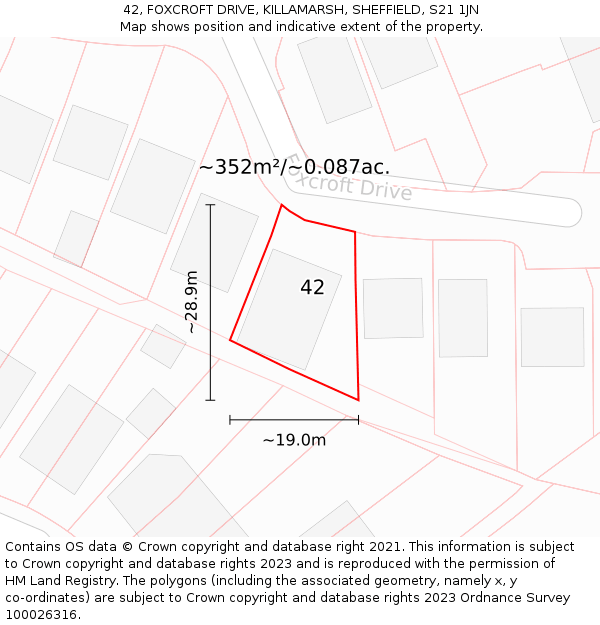 42, FOXCROFT DRIVE, KILLAMARSH, SHEFFIELD, S21 1JN: Plot and title map