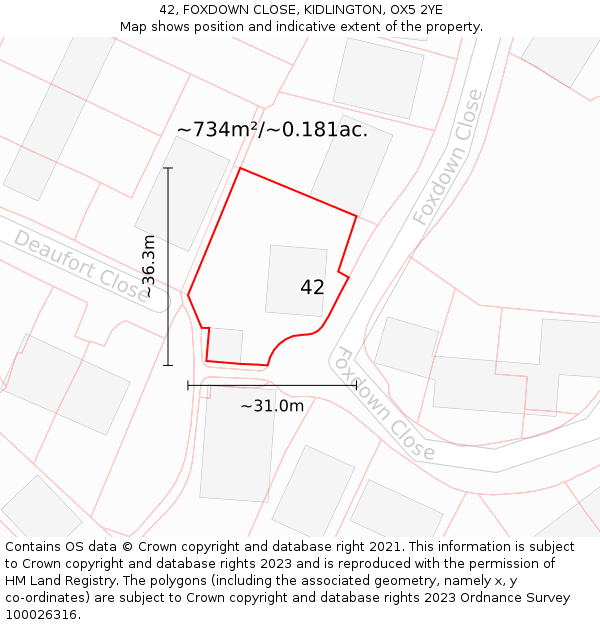 42, FOXDOWN CLOSE, KIDLINGTON, OX5 2YE: Plot and title map