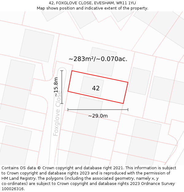 42, FOXGLOVE CLOSE, EVESHAM, WR11 1YU: Plot and title map