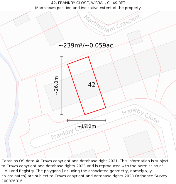 42, FRANKBY CLOSE, WIRRAL, CH49 3PT: Plot and title map