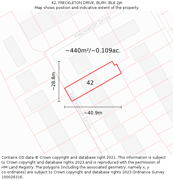 42, FRECKLETON DRIVE, BURY, BL8 2JA: Plot and title map