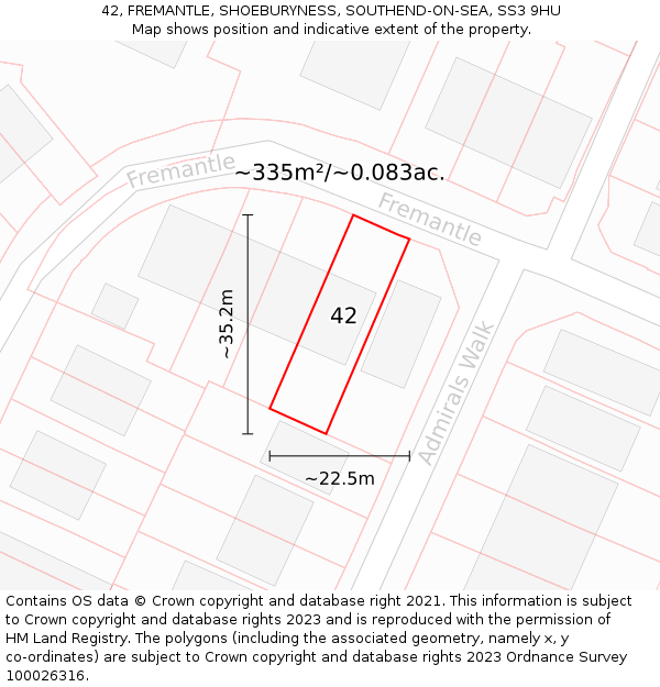 42, FREMANTLE, SHOEBURYNESS, SOUTHEND-ON-SEA, SS3 9HU: Plot and title map