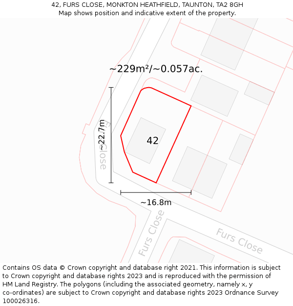 42, FURS CLOSE, MONKTON HEATHFIELD, TAUNTON, TA2 8GH: Plot and title map