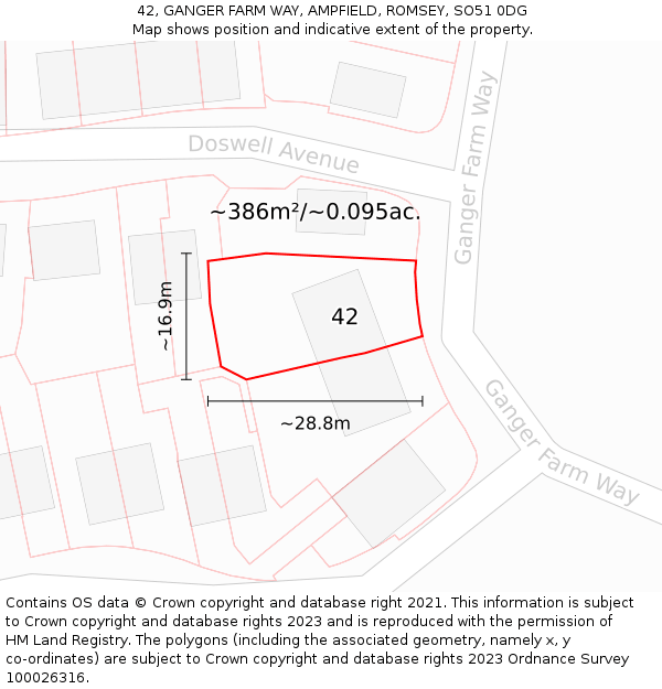 42, GANGER FARM WAY, AMPFIELD, ROMSEY, SO51 0DG: Plot and title map