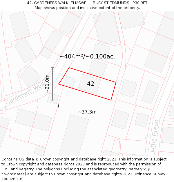 42, GARDENERS WALK, ELMSWELL, BURY ST EDMUNDS, IP30 9ET: Plot and title map