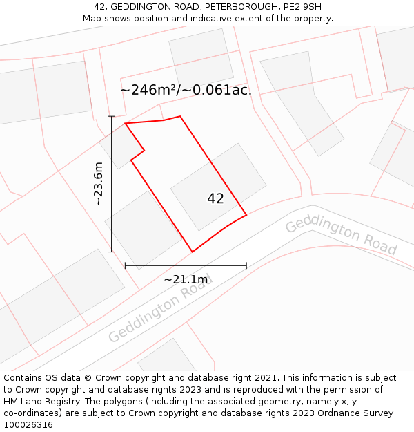 42, GEDDINGTON ROAD, PETERBOROUGH, PE2 9SH: Plot and title map