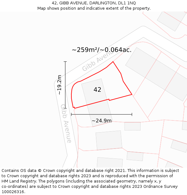 42, GIBB AVENUE, DARLINGTON, DL1 1NQ: Plot and title map