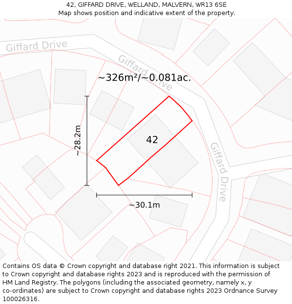 42, GIFFARD DRIVE, WELLAND, MALVERN, WR13 6SE: Plot and title map
