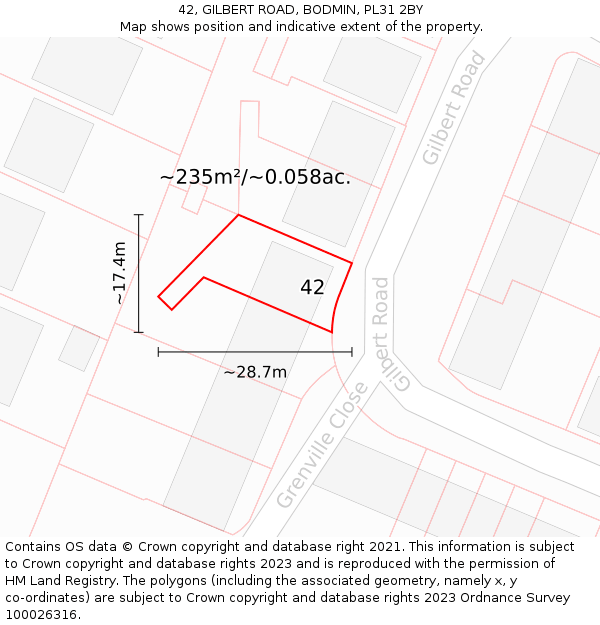 42, GILBERT ROAD, BODMIN, PL31 2BY: Plot and title map