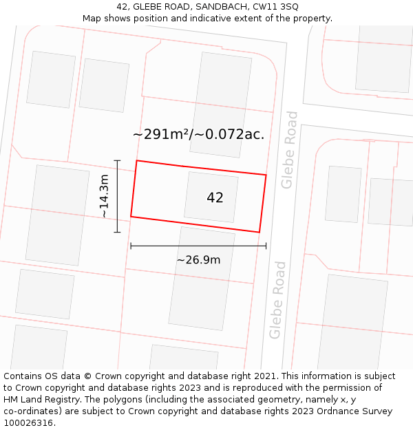 42, GLEBE ROAD, SANDBACH, CW11 3SQ: Plot and title map